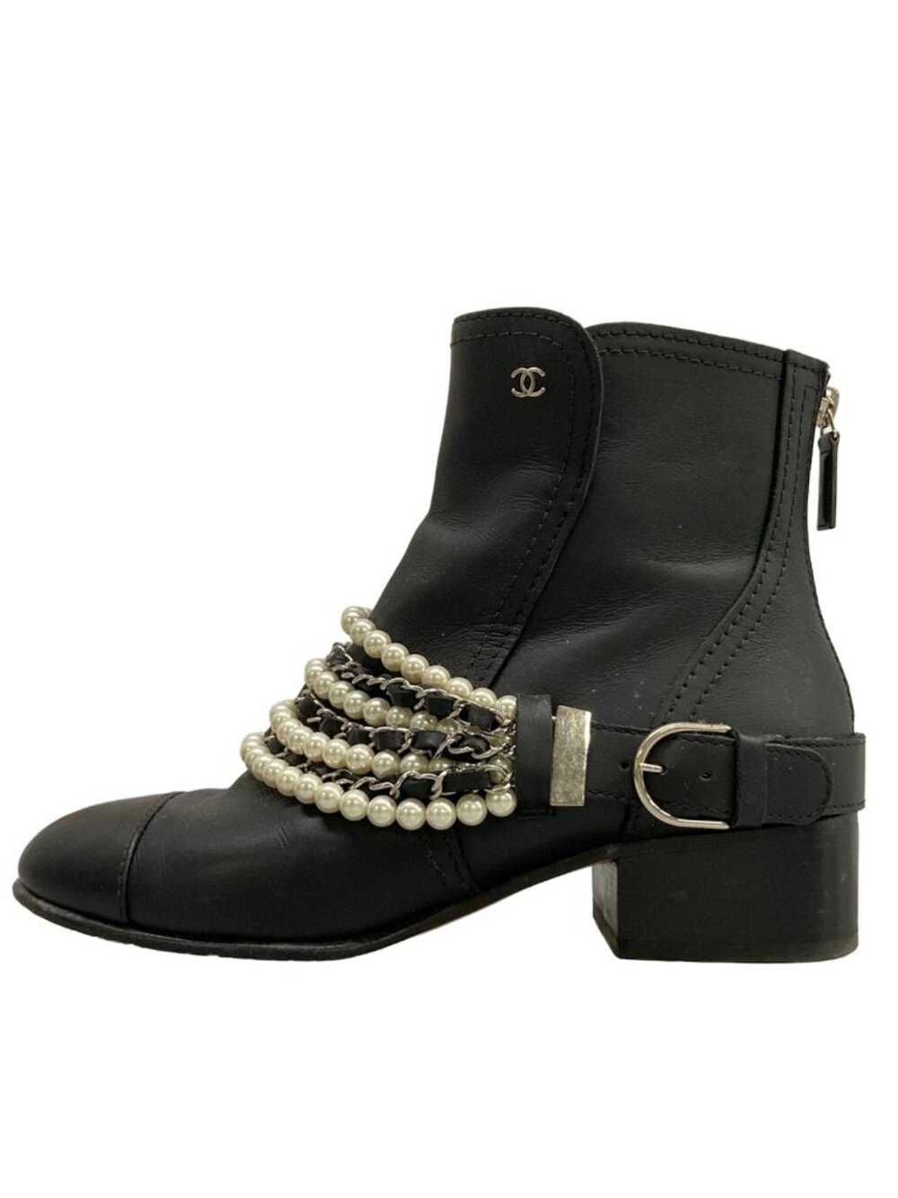 Chanel Short Boots C Black Pearl Chain Silver Leather